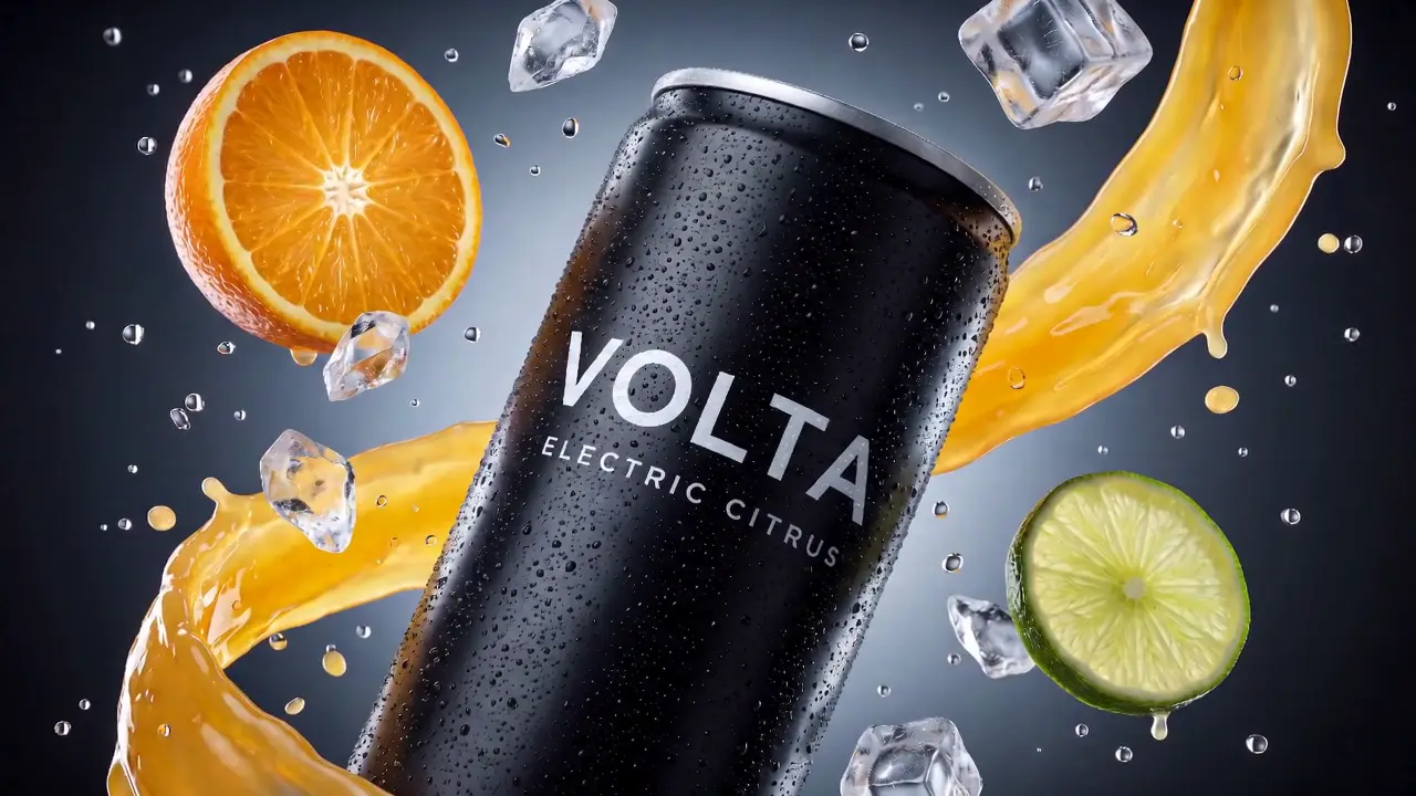 A black Volta Electric Citrus drink can surrounded by orange slices, lime, ice and a citrus splash.