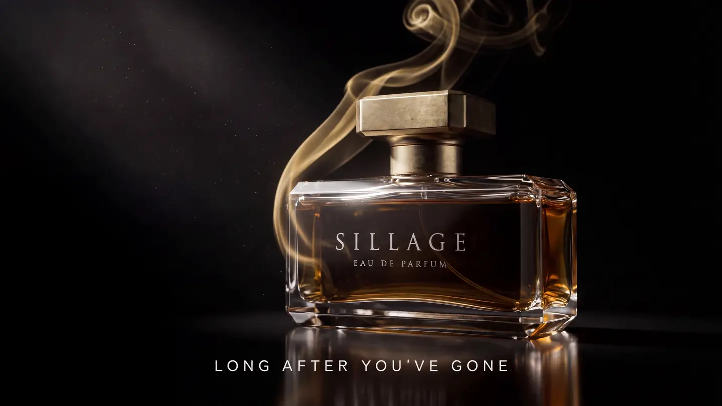A Sillage eau de parfum bottle with a gold cap on a dark reflective surface, with golden smoke rising behind it.